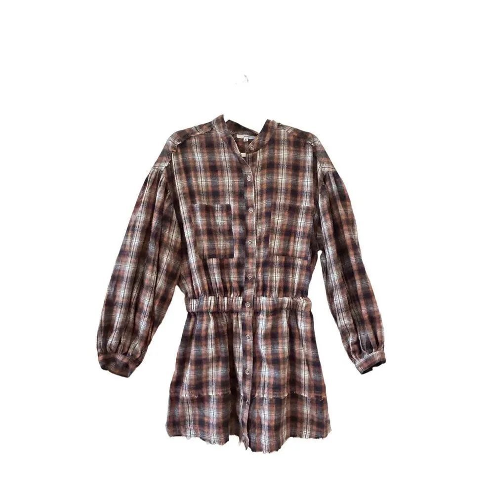 Fate Long Sleeve Button-Up Plaid Mini Shirt Dress Womens Brown Size Medium